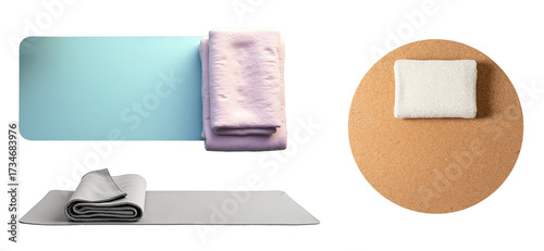 Set of three yoga mat mockups with blanket (round mat, top view, side view) on top isolated