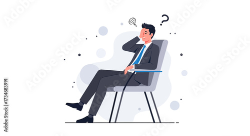 Illustration of a stressed businessman with question mark, symbolizing work problems and