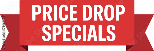 Red ribbon banner announces price drop specials for a sale.
