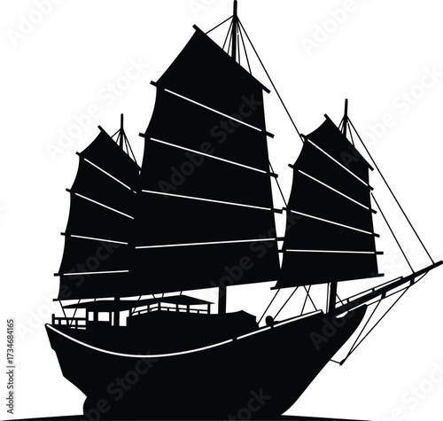Elegant chinese junk ship silhouette detailed nautical vessel sailing on open waters classic maritime flat design vector illustration white background