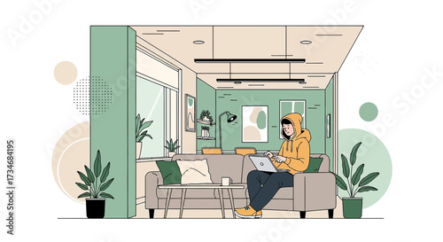 Illustration of a young man working from home comfortably with a modern living space