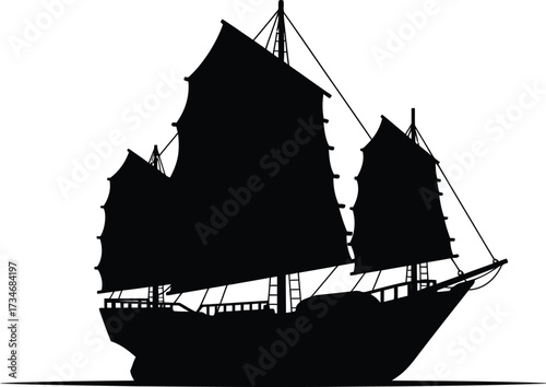 Majestic silhouette of a traditional chinese junk ship sailing across open waters flat design vector illustration white background