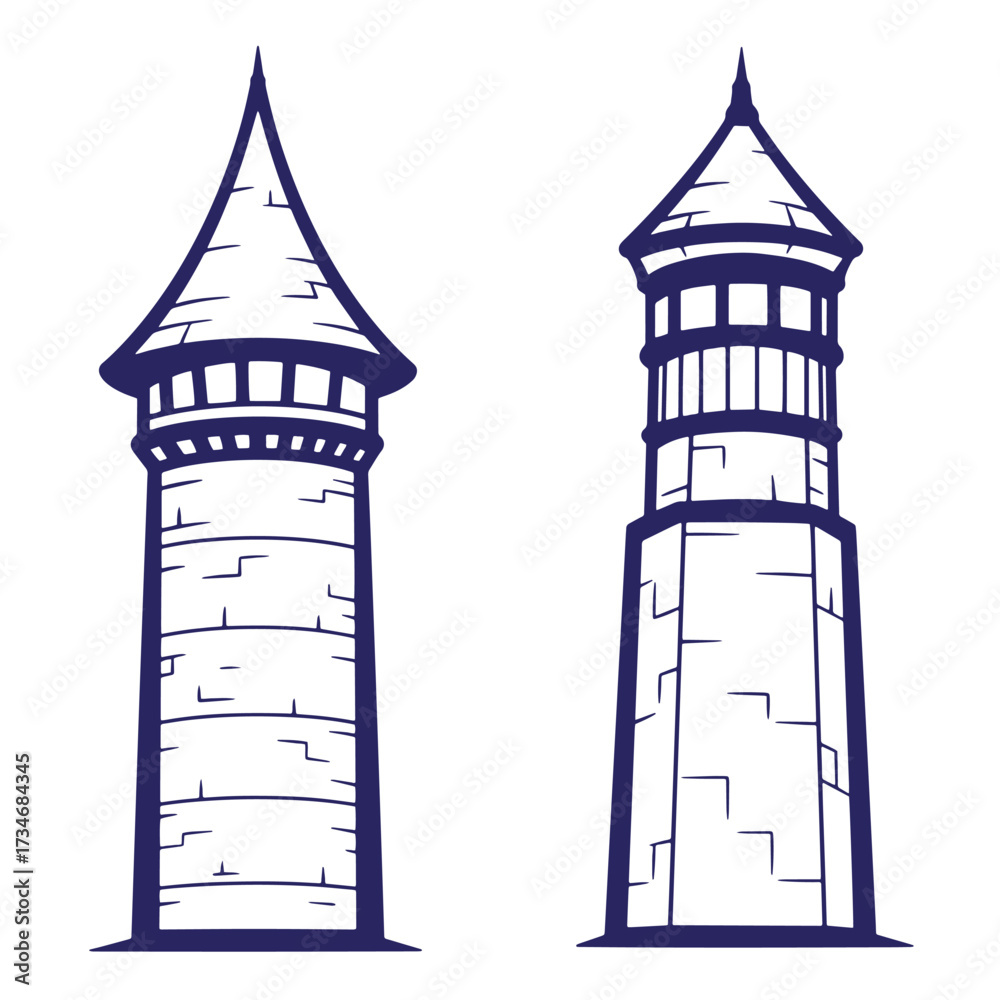 Obraz premium Two vector illustrations of medieval castle towers in outline style isolated on white