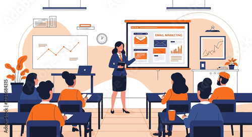Illustration of an email marketing training session with a diverse group of students
