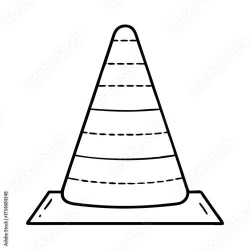 Vector art of a handdrawn outline illustration of a traffic cone with dashed lines, isolated on a, symbolizing caution and temporary guidance