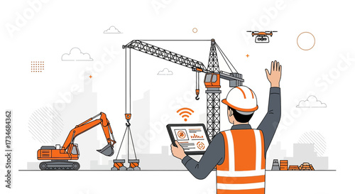 Illustration of construction site with modern technology and worker overseeing operations using a