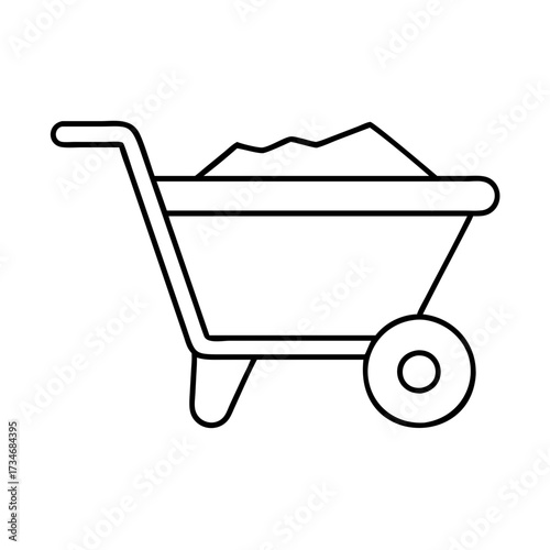 Vector art of a single wheelbarrow filled with dirt, depicted as a simple line art illustration isolated on a, representing construction, gardening, and manual labor