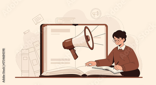 Illustration of marketing announcement within book concept featuring a student taking notes in a