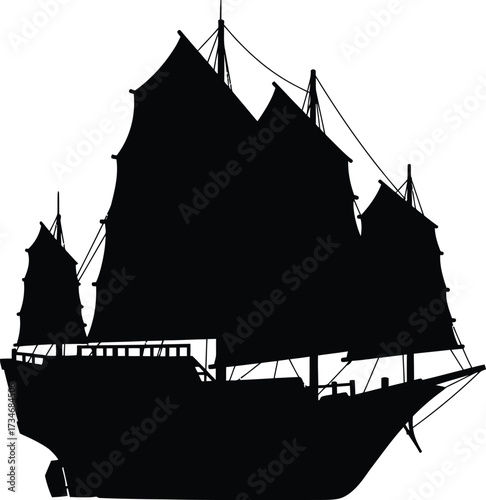 Silhouette of a traditional chinese junk ship silhouette with many sails majestic maritime vessel detailed design flat design vector illustration white background