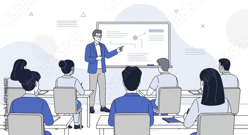 Illustration showcasing a teacher lecturing in a classroom setting with students learning and