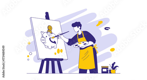 Illustrative artwork of an artist painting a piggy bank on canvas depicting savings and financial