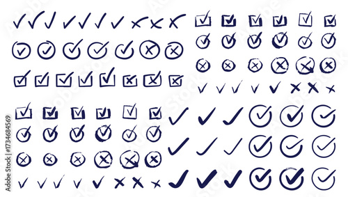Doodle check marks in circle and square frame.