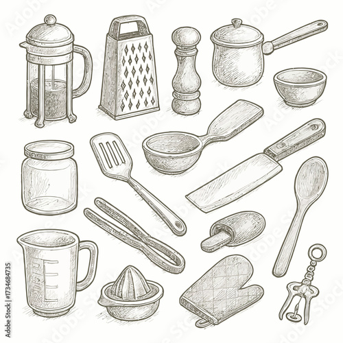 Kitchen Utensils, Cooking Tools, and Gadgets in Sketch Style