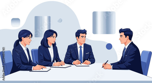 Job interview illustration depicting candidate answering questions from panel members effectively