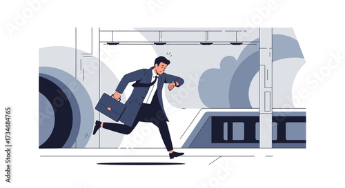 Late for commute: Businessman checking time and running for train station platform