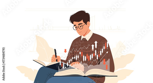 Man analyzing stock market trends and writing notes for investment strategies illustration