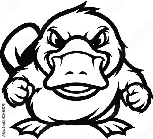 Ggressive platypus mascot, monochrome sports team logo design