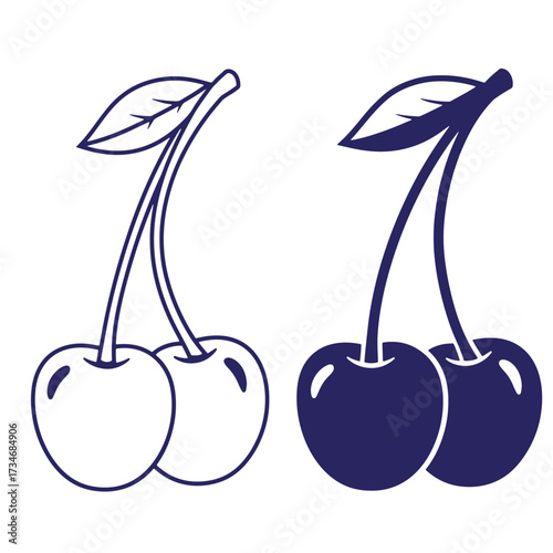 Vector illustration of two cherry pairs in outlined and solid color styles