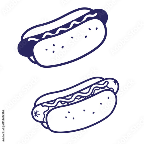 Vector illustration of two delicious hot dogs with mustard and condiments isolated