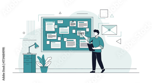 Man presenting project timeline on planning board in modern office workspace