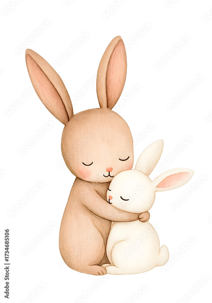 Obraz premium Watercolor Bunny Hug Clipart, Cute Rabbit Couple Illustration, Baby Shower Animal Art