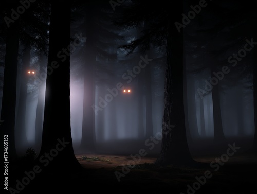 Halloween concept, Scary monster eyes glowing in foggy dark forest