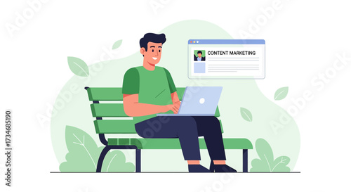 Man working on content marketing strategy using laptop while sitting on park bench