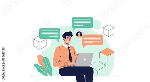 Man working on laptop with chat bubbles representing communication and messages related to