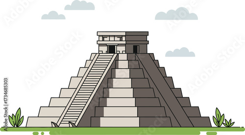 Ancient mayan pyramid el castillo chichen itza monumental architecture and historical landmark icon flat design vector illustration white background