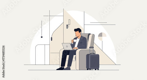 Modern illustration of a businessman traveling using technology with a suitcase and a cup