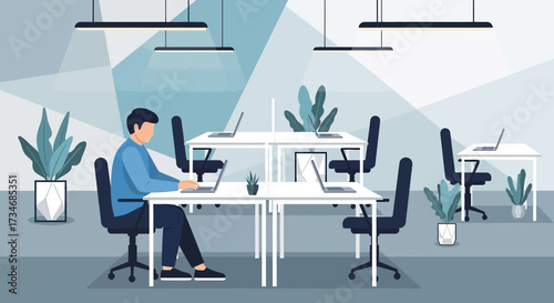 Modern workspace illustration featuring a man working on a laptop in a minimalist office