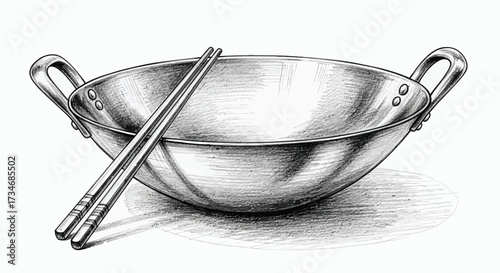 Metal wok with chopsticks, cooking utensil, kitchenware
