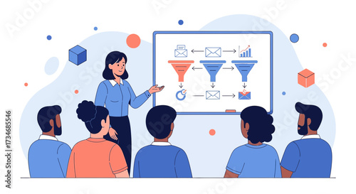 Presentation of marketing funnel strategy by a female presenter with audience members focused on
