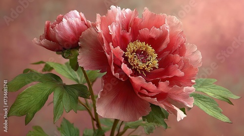   A close-up pink flower surrounded by green leaves against a blurred red and pink backdrop