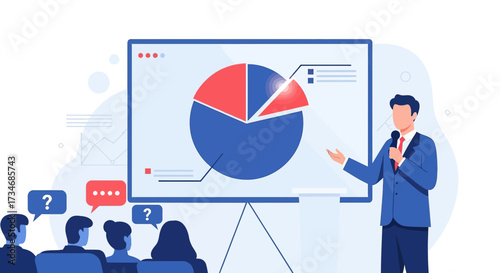 Professional Business Presentation with Pie Chart and Audience Participation illustration
