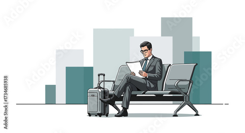 Professional businessman waits at the airport reviewing documents before departure flight