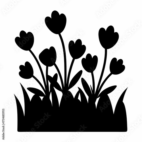 Monochrome silhouette of a garden with abstract flowers and grass blades