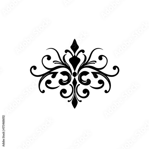 Ornate black and white flourish design with symmetrical curves and decorative elements.