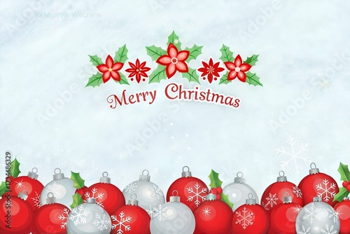 Merry Christmas Greeting Card with Red and White Ornaments and Floral Holiday Design illustration.