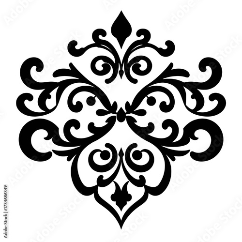 Ornate black floral flourish design element with symmetrical swirls and stylized leaf shapes on a white background.