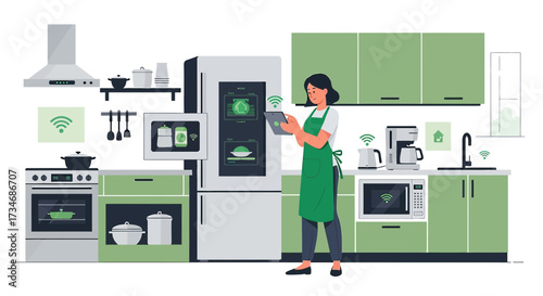 Smart kitchen concept with woman using tablet to control appliances and automation