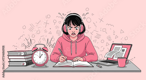 Stressed student with headphones studying late into the night overwhelmed with work