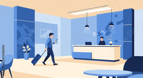 Stylish Hotel Lobby Scene with Guest, Receptionist, Modern Design and Cool Color Palette