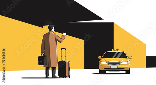 Stylized illustration depicting a man hailing a taxi with luggage ready for travel