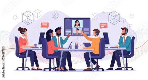 Team collaboration via video conference for remote communication and virtual meetings