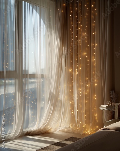 Cozy bedroom corner with sheer curtains adorned with warm fairy lights, creating serene and inviting atmosphere. Soft natural light filters through, enhancing tranquil setting