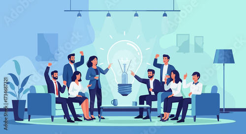 Teamwork brainstorming session resulting in a bright idea, a creative cartoon illustration with