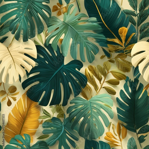 Tropical leaf pattern featuring banana and monstera leaves in vibrant shades of green, teal, and gold, creating lush and exotic design