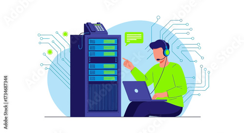 Technical support engineer working with server rack in data center environment