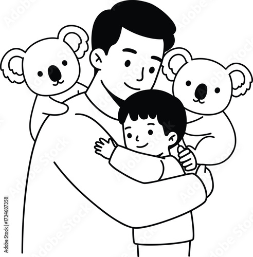 Father hugging child illustration, dad and son drawing, family love artwork, koala companions, parent-child bond, cute animal friends, happy family clipart